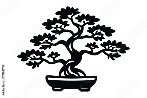 Serene Bonsai Tree: An elegant bonsai tree, meticulously shaped and contained within a decorative pot, representing the art of patience and the beauty of miniature landscapes.