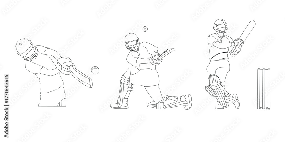 Obraz premium Cricket Player single-line art drawing continues line vector illustration. stylish cricket batsman standing pose. batsman showing perfect batting technique in cricket match. Player Artwork.