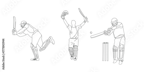 Cricket Player single-line art drawing continues line vector illustration.
stylish cricket batsman standing pose. batsman showing perfect batting technique in cricket match. Player Artwork.