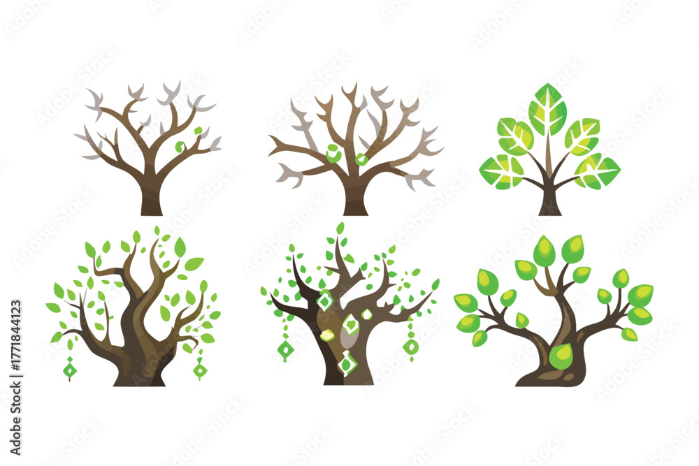 Obraz premium Evolution of Arboreal Life: A set of intricate tree designs, showcasing the transformation of arboreal life, capturing the essence of growth, and botanical beauty.