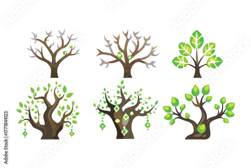 Evolution of Arboreal Life: A set of intricate tree designs, showcasing the transformation of arboreal life, capturing the essence of growth, and botanical beauty.