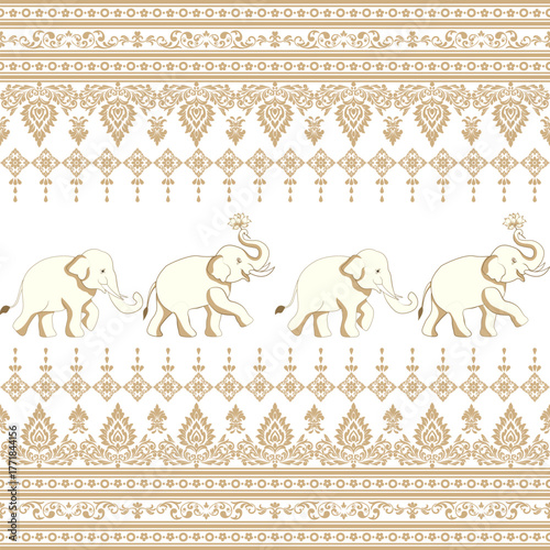Seamless vector pattern with classical luxury golden elephants and exquisite floral damask ornament for fabric designs, wallpapers and other designs.