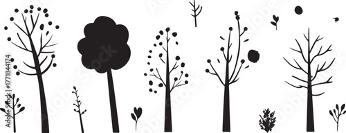 Black birds in the grass with reeds and birds on a branch in a vector silhouette illustration of spring nature