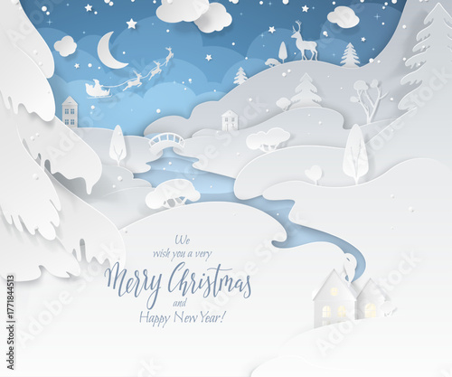 Festive winter scene paper cutout with snowdrifts beside a river, cosy homes, spruces, bushes and a deer. Vector blue background with Santa's sleigh flying around the moon and the text Merry Christmas