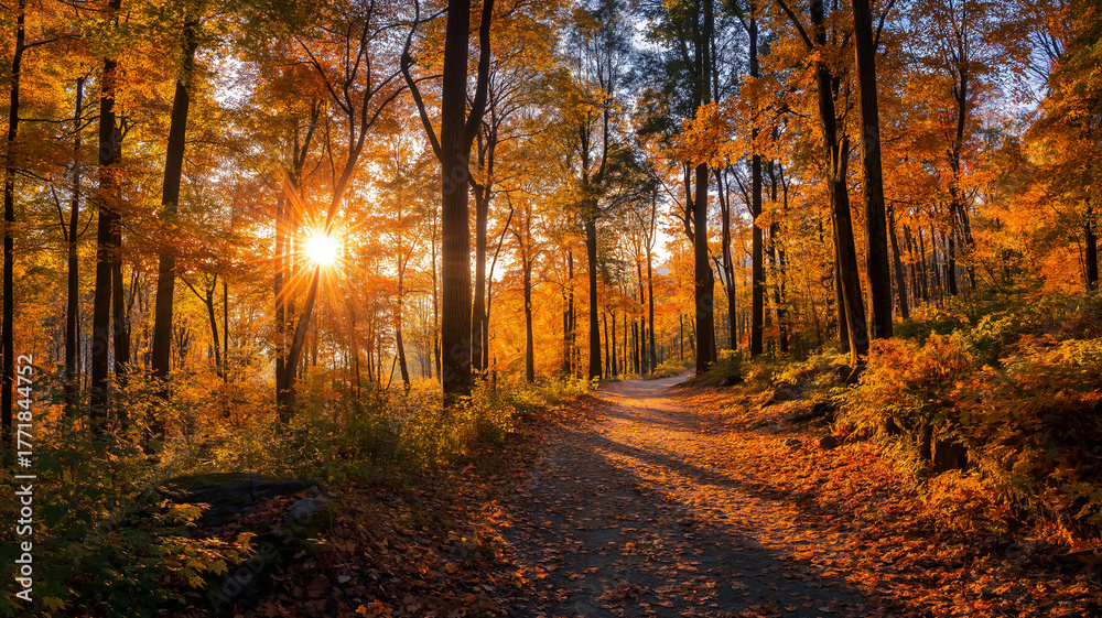 Fototapeta premium Sunlit path in a park before sunset