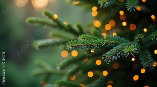 Close up christmas tree branch with blurry warm bokeh lights and green needles festive holiday
