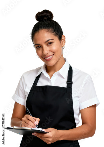 Smiling Waitress Taking Order on Clipboard Isolated