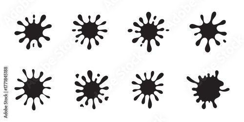 Black paint blots icon. Paint splash monochrome flat symbol. Dripping paint icon set. Current liquid. Paint flows. Melted circle logo. Current paint, stains. Current inks. Vector illustration design.