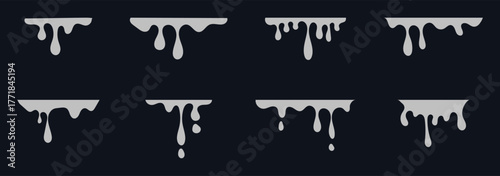 Black paint blots icon. Paint splash monochrome flat symbol. Dripping paint icon set. Current liquid. Paint flows. Melted circle logo. Current paint, stains. Current inks. Vector illustration design.