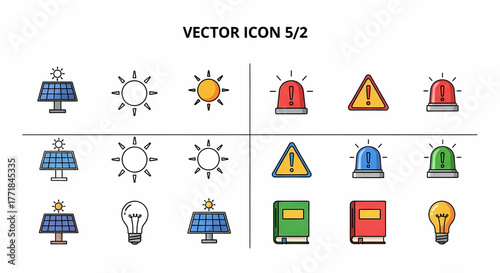 Diverse vector icon collection representing essential concepts of renewable energy, critical safety warnings, and the power of knowledge and innovation through clear visual symbols
