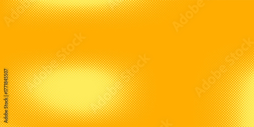 Yellow halftone pattern. Retro comic gradient background. Bright orange pixelated dotted texture overlay. Cartoon pop art faded gradient pattern. Vector backdrop for poster, banner