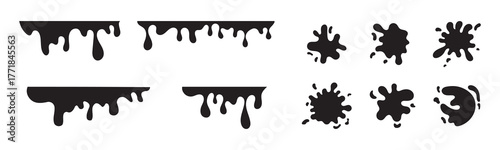 Black paint blots icon. Paint splash monochrome flat symbol. Dripping paint icon set. Current liquid. Paint flows. Melted circle logo. Current paint, stains. Current inks. Vector illustration design.