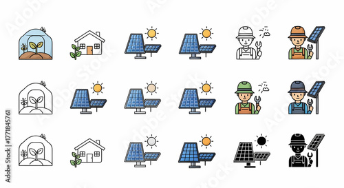 A diverse vector icon collection showcasing sustainable energy solutions, including solar power systems, renewable electricity generation, eco-friendly homes, and specialized engineers focused
