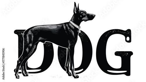 Sleek Black Dog on White Background with Dog Paw Print Text