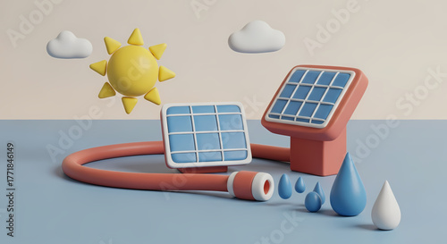 Dynamic 3D illustration visually linking solar energy and water conservation, portraying renewable technology and sustainable resource management with a vibrant sun and fluffy clouds