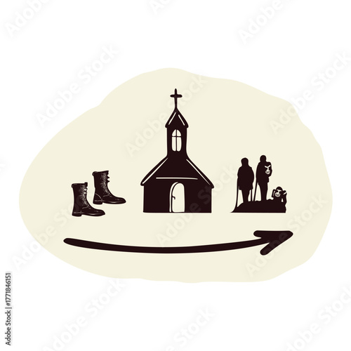 Simple pilgrims rest symbol sign with boots, backpackers hostel and church. Hand drawn black and white flat vector motif for european pilgrimage and spain albergue pitstop rest. 