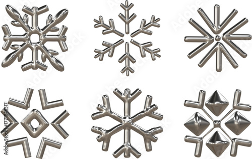 3D metal snowflakes, winter decorations. Illustration.