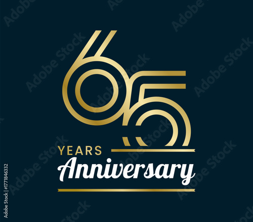 65 Years Anniversary with ribbon design vector illustration. Unique 65 years logo design template. In gold color