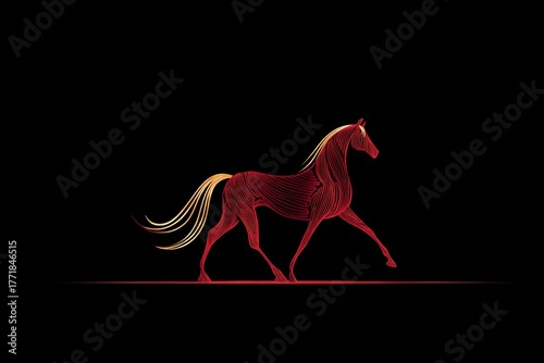 A stunning horse walks with poise, outlined in bright red and yellow lines against a black backdrop. The glowing design highlights its elegant form and movement
