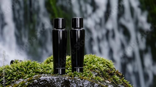 Elegant black skincare bottle pair lush green moss with waterfall background, nature beauty and freshness inspire tranquility, evoking elegant