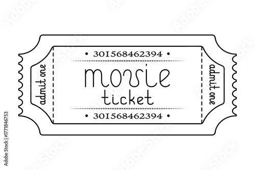 Movie ticket admit one. Handwritten lettering in lowercase. Tear-off ticket with number Illustration