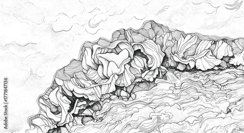 Surreal maximalist illustration, hand-drawn stippling landscape, organic waves, vintage engraving line art, monochrome editable vector.