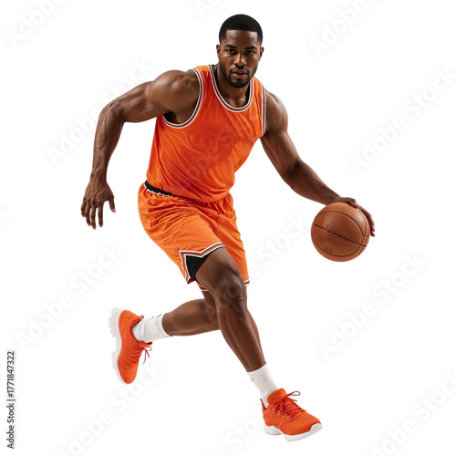 Basketball player dribbling a ball in orange uniform