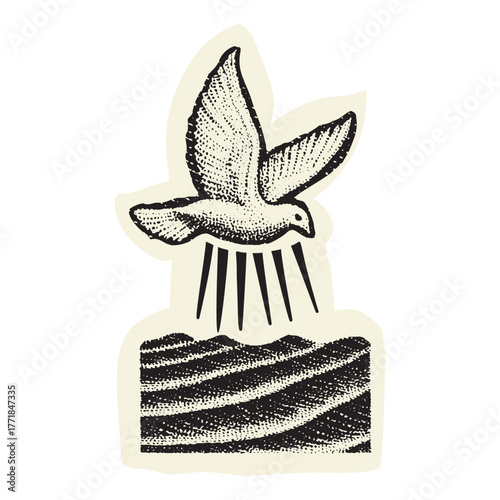 Hand drawn holy spirit biblical dove hovering over water descending with light rays. Black and white vector illustration hope motif for Genesis scripture verse christian faith bible study.