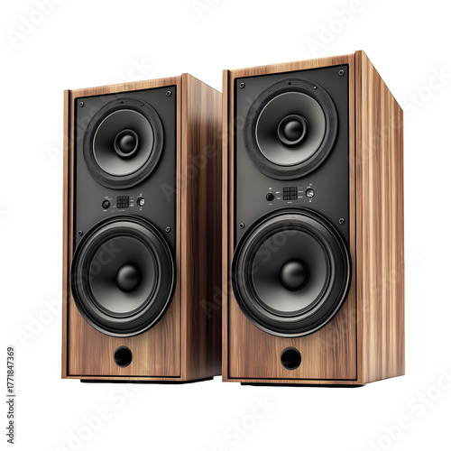 Two elegant wooden bookshelf speakers with black drivers and textured wood grain finish isolated on transparent background