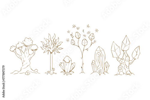 Mystical Crystals & Enchanted Trees: This illustration depicts an array of enchanting, crystalline formations alongside unique, otherworldly trees.