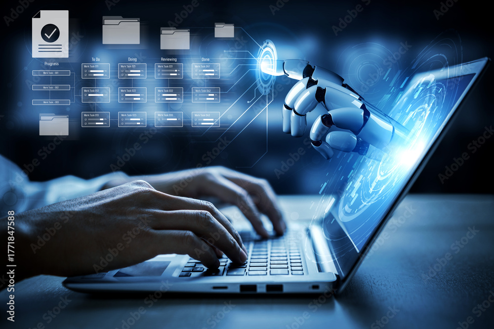 Obraz premium AI enhances task workflow management with real-time progress tracking, status visualization, and automated updates to optimize productivity and team coordination Vouch
