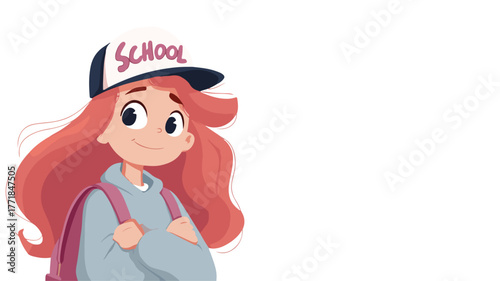 Adventurous girl with backpack and hat in school theme setting