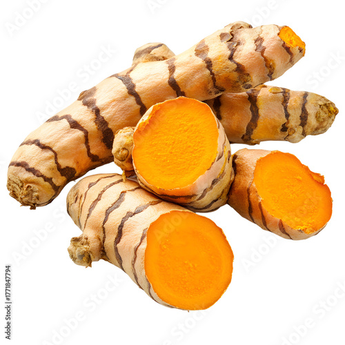 Fresh organic turmeric rhizomes with vibrant orange flesh isolated on transparent background