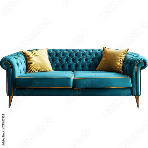 Luxurious tufted teal velvet sofa with golden accents and two decorative pillows isolated on transparent background