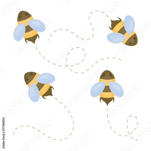 Cute domestic bees flying in different directions. Beekeeping. Honey production concept.