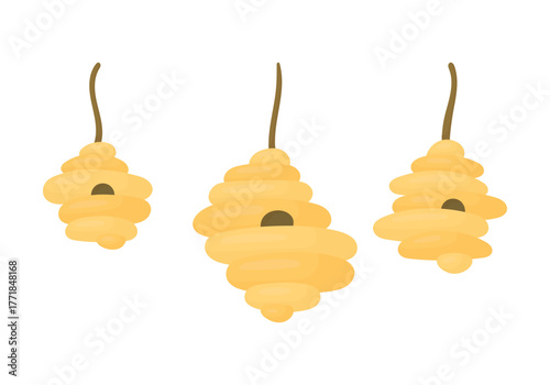 Set of bee hives on a branch on a white background. Beekeeping.