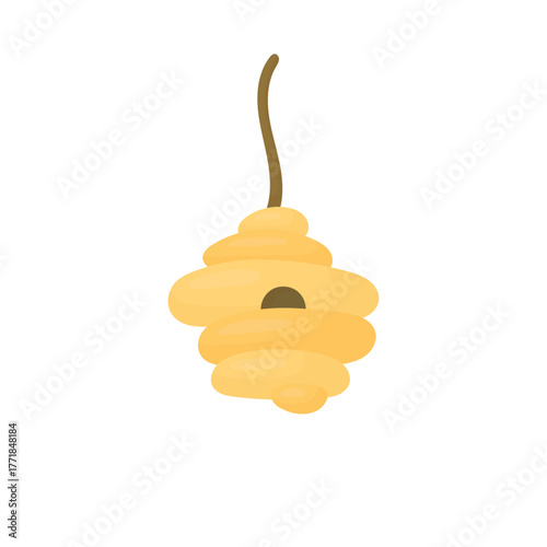 Bee hive of wild bees on a branch on a white background.