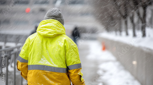 Side-angle of snow removal worker, vivid jacket against icy walkway and falling flakes