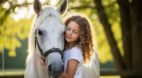 Girl hugging white horse showing strong bond outdoors