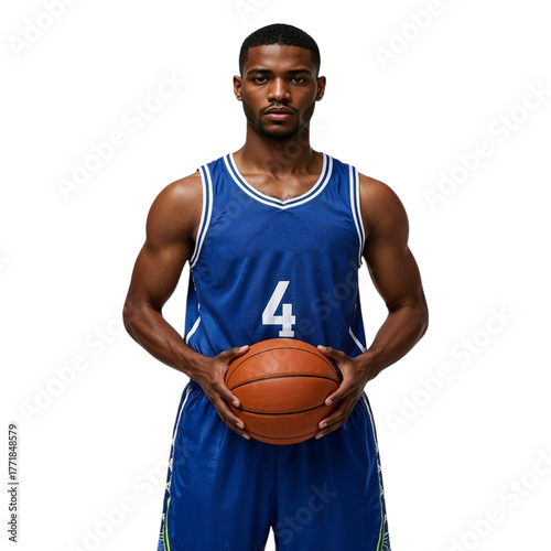 Basketball player holding a ball wearing a blue jersey