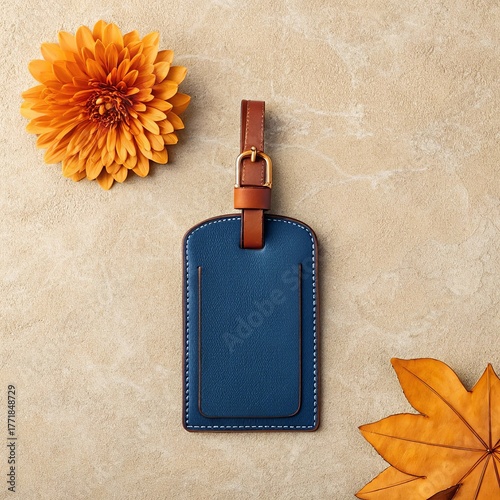 Blue denim luggage tag with leather strap and buckle, next to an orange flower
