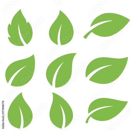 Green Leaf Icon Set – Minimalist Eco Nature Symbols, Organic Plant Graphic Design Elements, Flat Botanical Clipart Collection
