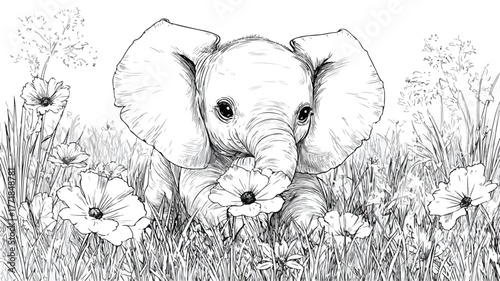 Baby Elephant Drawing in Grass with Flower, Wildlife Illustration