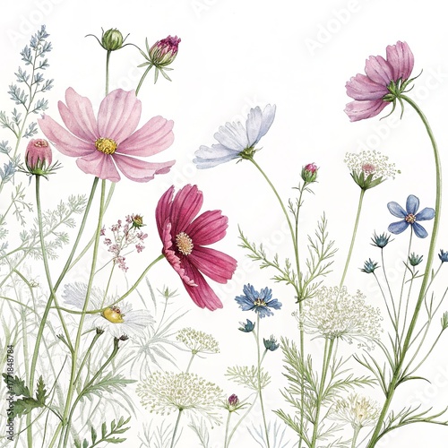 Delicate pink and purple cosmos flowers with green foliage, isolated on white background