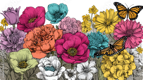 Vibrant Floral Scene with Butterflies - Colorful Flower Image