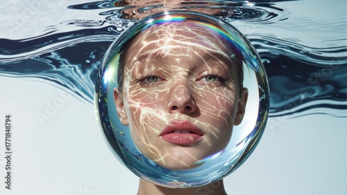 Head of person inside air bubble underwater with water reflection above