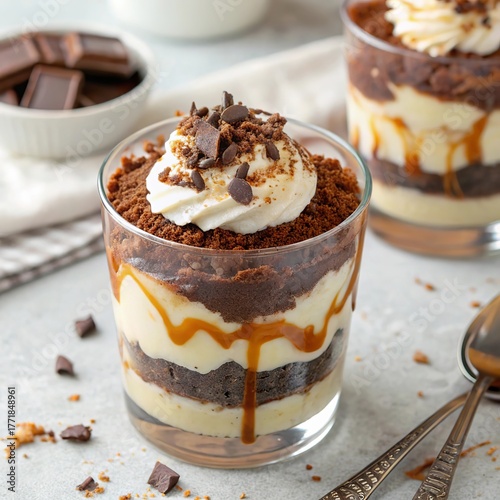 Rich chocolate trifle dessert with layers of cake, cream, and caramel sauce