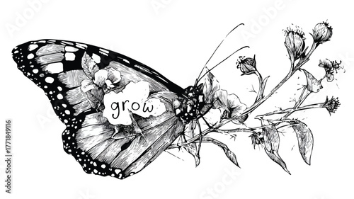 Illustration of Butterfly with 'Grow' Words Vector Art