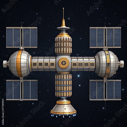 Futuristic space station with solar panels orbiting in the starry night sky