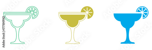Minimalist Cocktail Glass Illustrations in Green, Yellow, and Blue